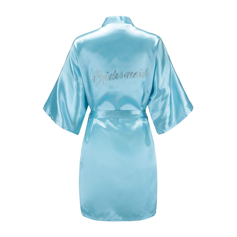 EPLAZA Women's One Size Silver Rhinestones Bride Bridesmaid Short Satin Robes for Wedding Party Getting Ready (Acid Blue, Bridesmaid) - Image 1